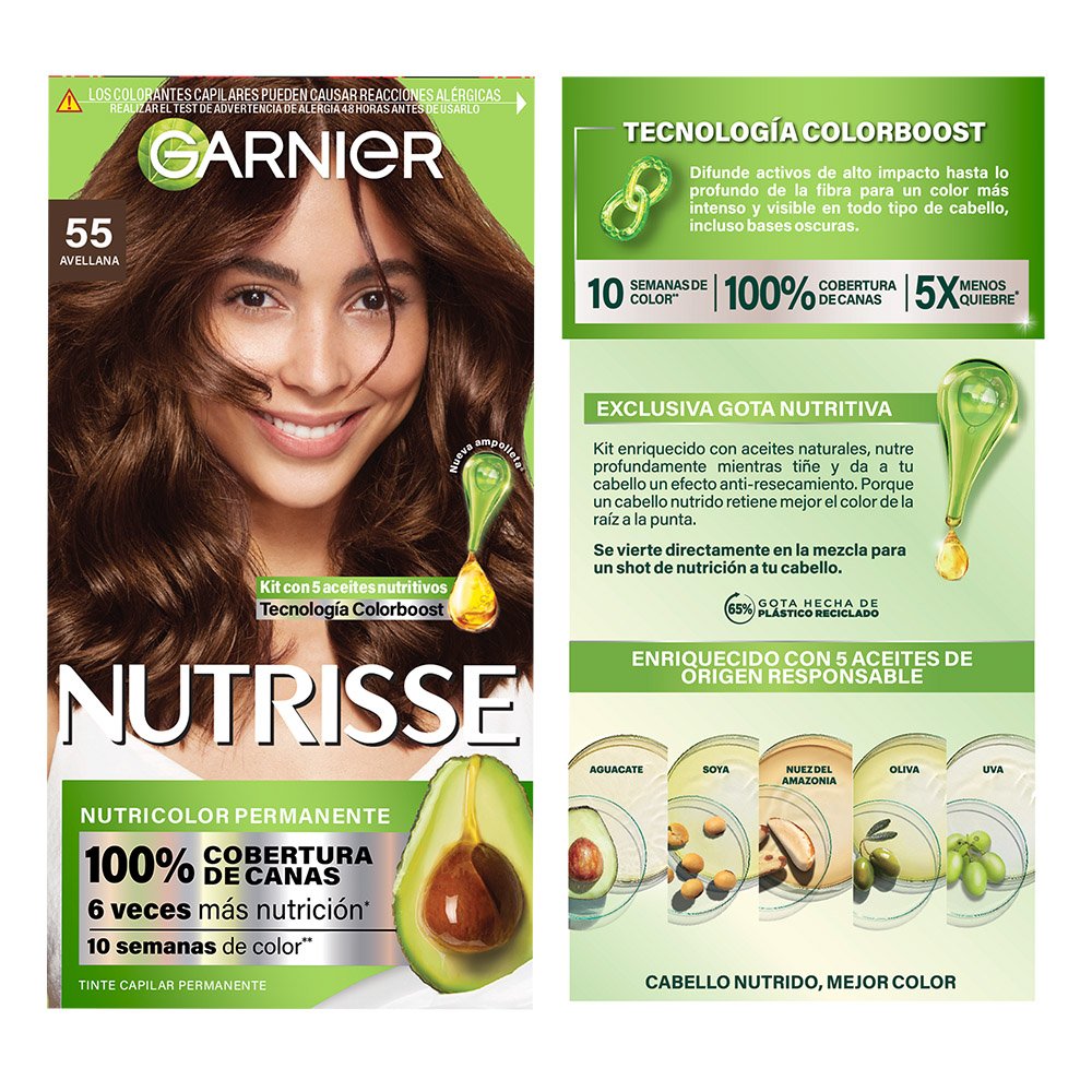 GARNIER NUTRISSE, NUTRISSE, NUTRISSE REGULAR, COLORACIÓN DE CABELLO, TINTE DE CABELLO, COLOR INTENSO, COLORACIÓN, FÓRMULA VEGANA, CRUELTY FREE, TONO 55, AVELLANA
